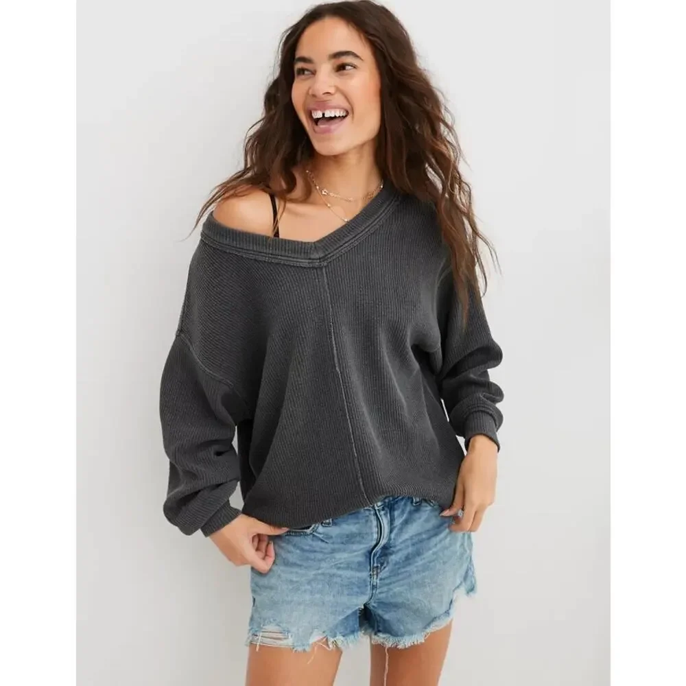AERIE Gray Wonder Textured V-Neck Pullover Sweatshirt Size XS Oversized Women’s